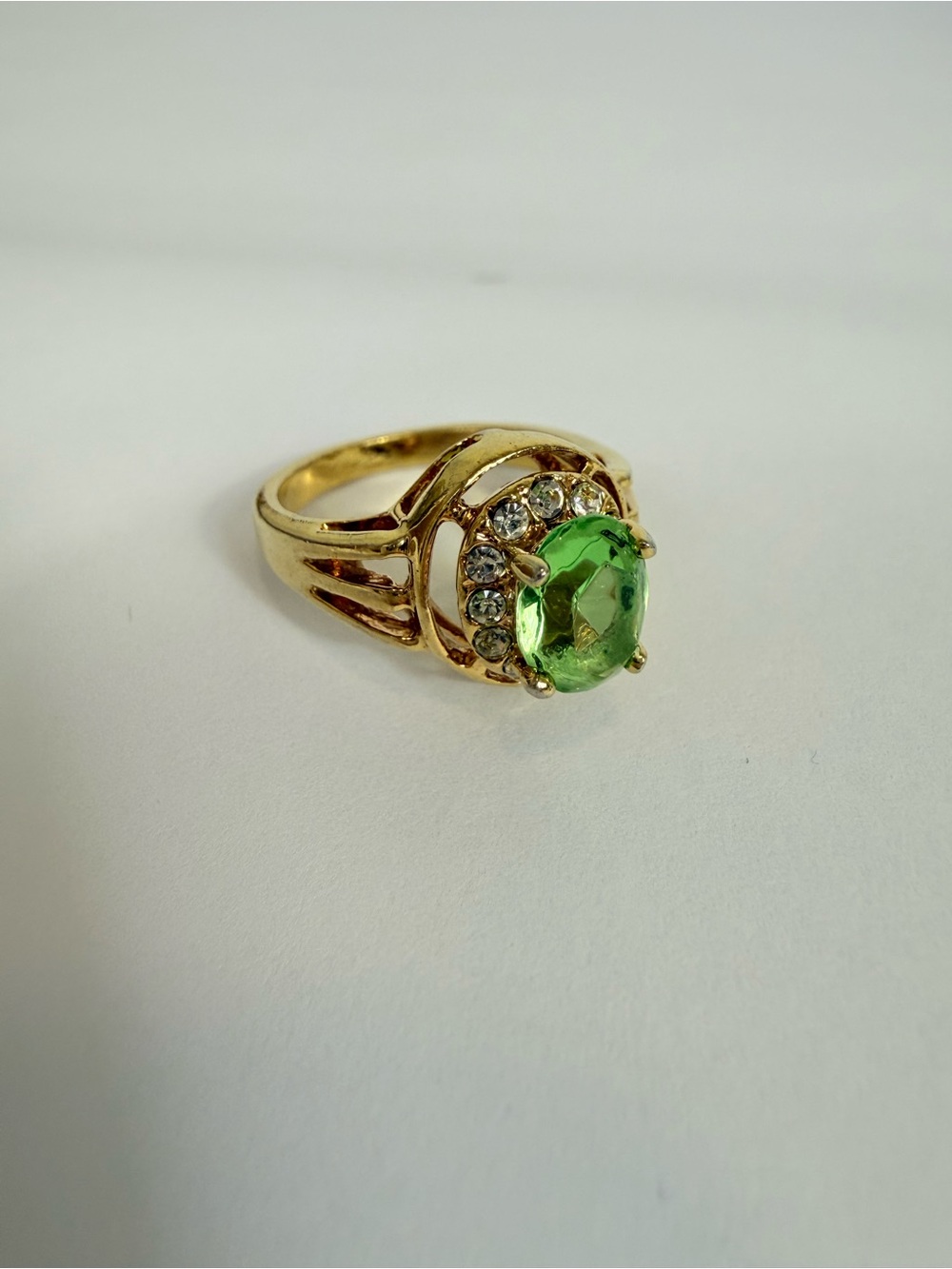 Vintage Peridot Cubic Zirconia Ring 18 K Gold Electroplated Clear Crystals 1980’